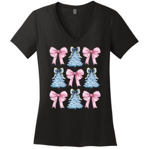 Chinoiserie Christmas Tree Coquette Bow Grandmillennial Women's V-Neck T-Shirt