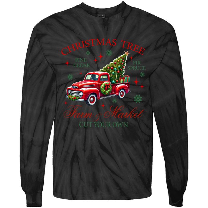 Coquette Christmas Tree Red Truck Farm & Market Xmas Pajamas Tie-Dye Long Sleeve Shirt