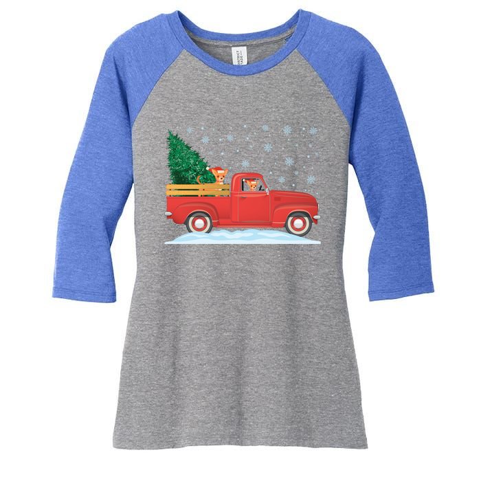 Chihuahua Christmas Tree Truck Vintage Christmas Truck Gift Women's Tri-Blend 3/4-Sleeve Raglan Shirt