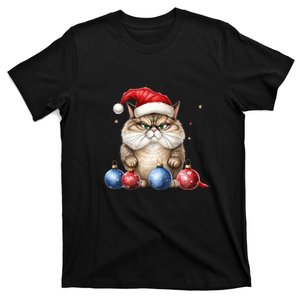 Cat Christmas Tree Balls Santa Hat T-Shirt