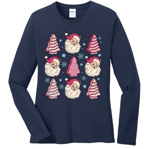 Coquette Christmas Tree Cake Santa Claus Christmas Bow Ladies Long Sleeve Shirt