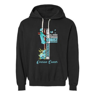 Christian Cross Teal Ribbon Survivor Fighter Ovarian Cancer Garment-Dyed Fleece Hoodie