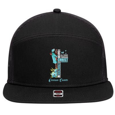 Christian Cross Teal Ribbon Survivor Fighter Ovarian Cancer 7 Panel Mesh Trucker Snapback Hat