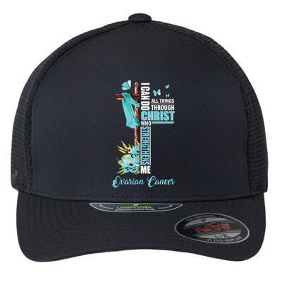 Christian Cross Teal Ribbon Survivor Fighter Ovarian Cancer Flexfit Unipanel Trucker Cap