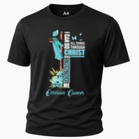 Christian Cross Teal Ribbon Survivor Fighter Ovarian Cancer Cooling Performance Crew T-Shirt