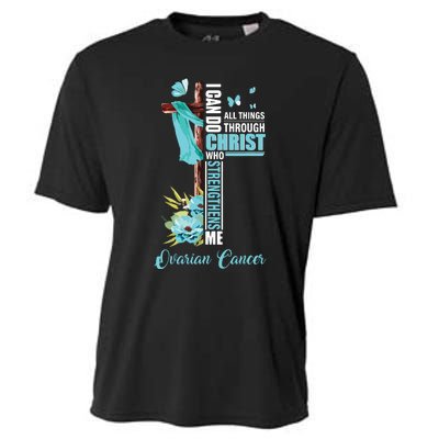 Christian Cross Teal Ribbon Survivor Fighter Ovarian Cancer Cooling Performance Crew T-Shirt