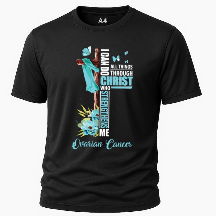 Christian Cross Teal Ribbon Survivor Fighter Ovarian Cancer Cooling Performance Crew T-Shirt