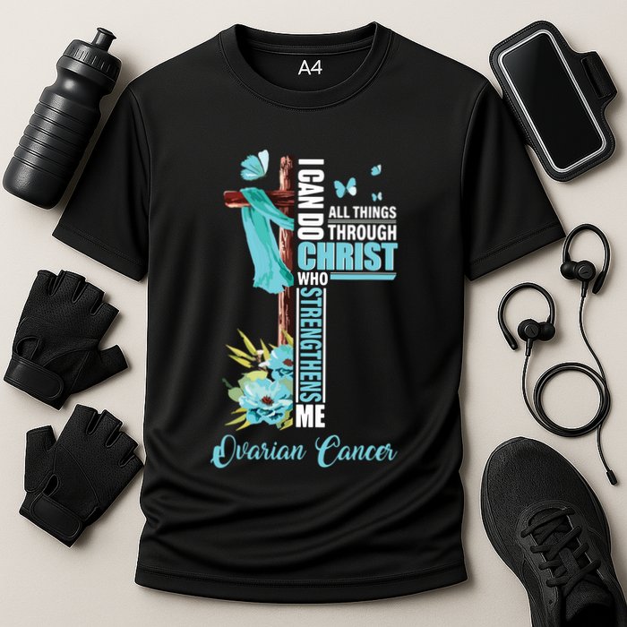 Christian Cross Teal Ribbon Survivor Fighter Ovarian Cancer Cooling Performance Crew T-Shirt