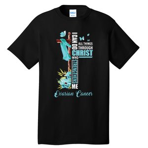 Christian Cross Teal Ribbon Survivor Fighter Ovarian Cancer Tall T-Shirt