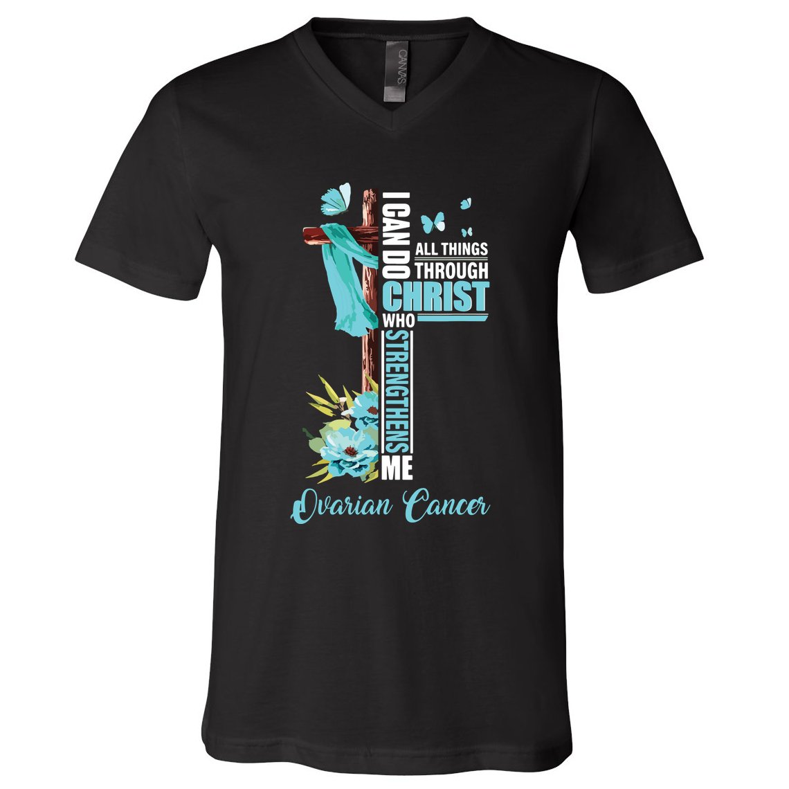 Christian Cross Teal Ribbon Survivor Fighter Ovarian Cancer V-Neck T-Shirt