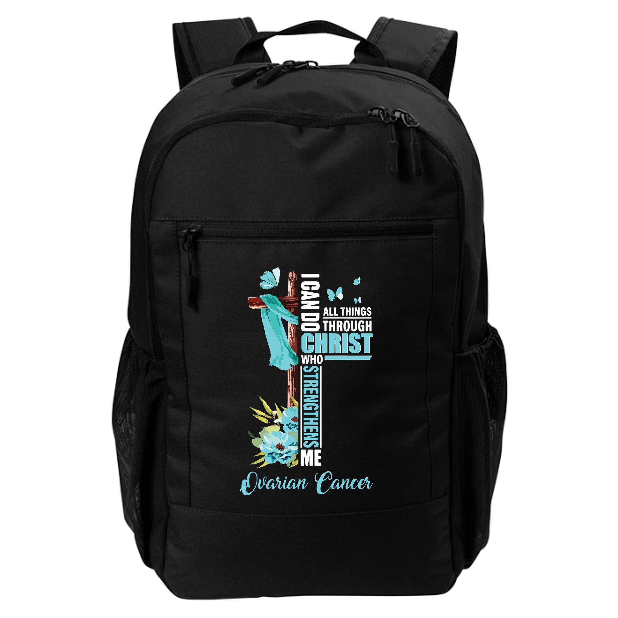Christian Cross Teal Ribbon Survivor Fighter Ovarian Cancer Backpack