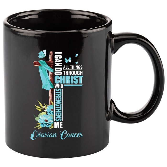 Christian Cross Teal Ribbon Survivor Fighter Ovarian Cancer 11oz C Handle Ceramic Mug