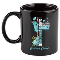Christian Cross Teal Ribbon Survivor Fighter Ovarian Cancer 11oz C Handle Ceramic Mug
