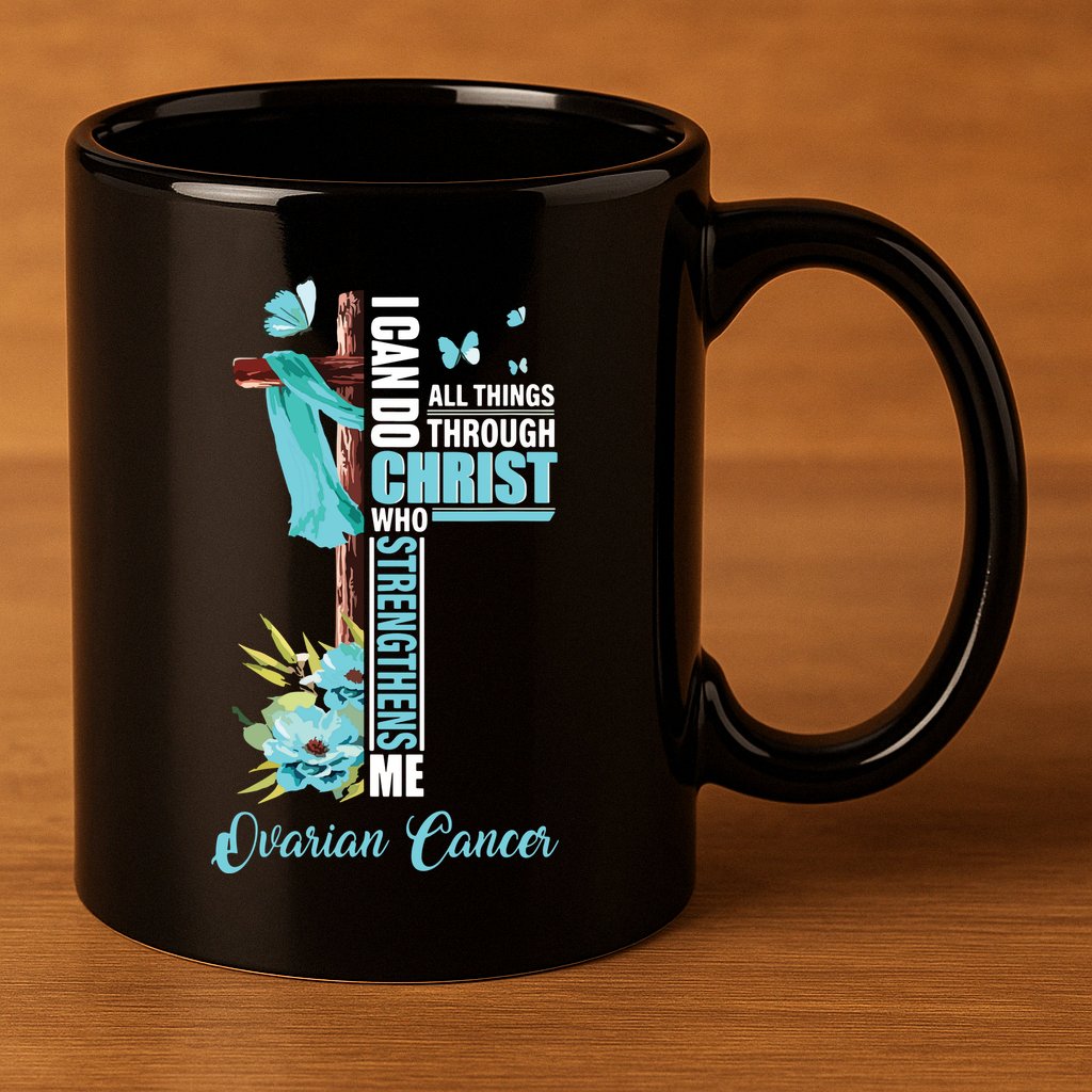 Christian Cross Teal Ribbon Survivor Fighter Ovarian Cancer 11oz C Handle Ceramic Mug