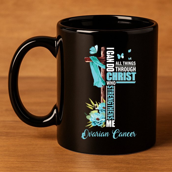 Christian Cross Teal Ribbon Survivor Fighter Ovarian Cancer 11oz C Handle Ceramic Mug