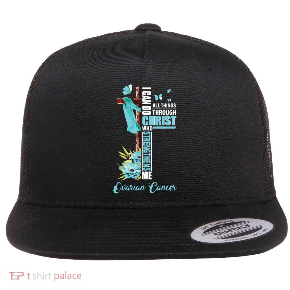 Christian Cross Teal Ribbon Survivor Fighter Ovarian Cancer Flatbill Hat