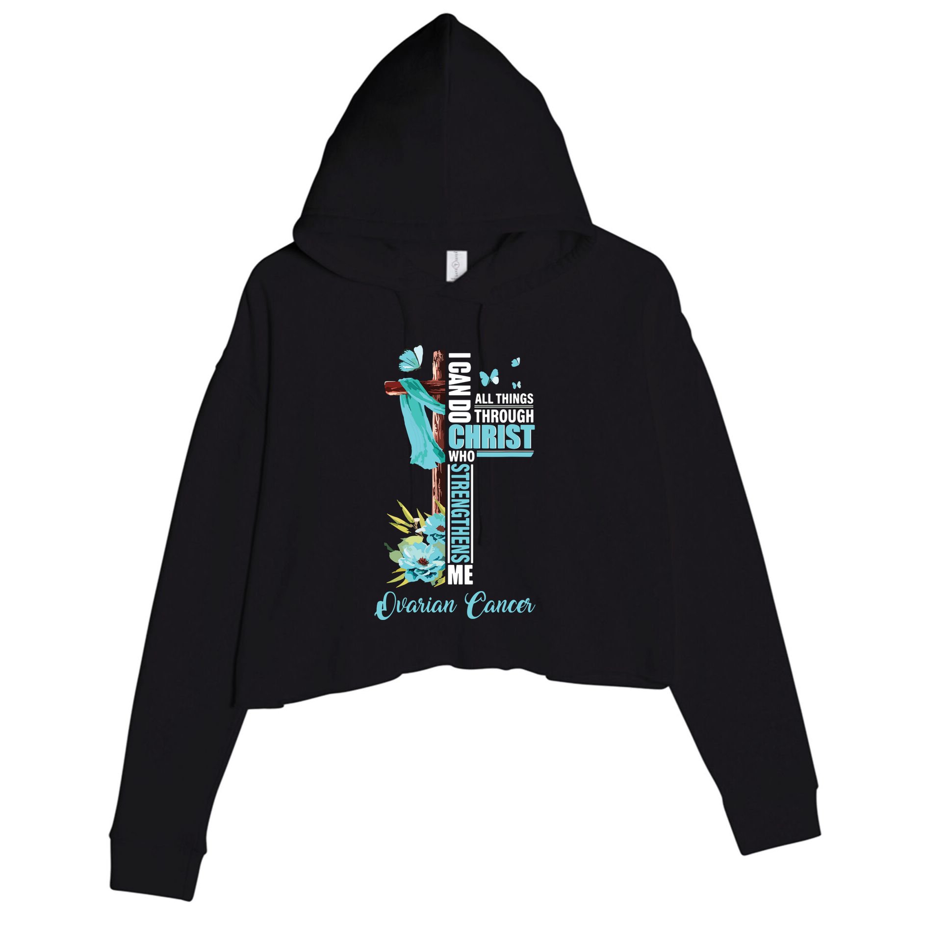 Christian Cross Teal Ribbon Survivor Fighter Ovarian Cancer Crop Fleece Hoodie
