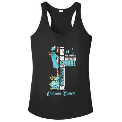 Christian Cross Teal Ribbon Survivor Fighter Ovarian Cancer Ladies PosiCharge Competitor Racerback Tank