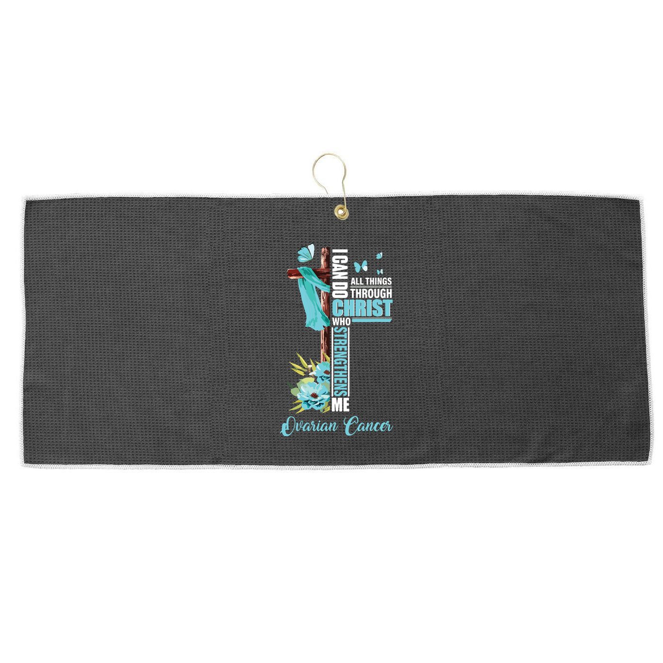 Christian Cross Teal Ribbon Survivor Fighter Ovarian Cancer Large Microfiber Waffle Golf Towel