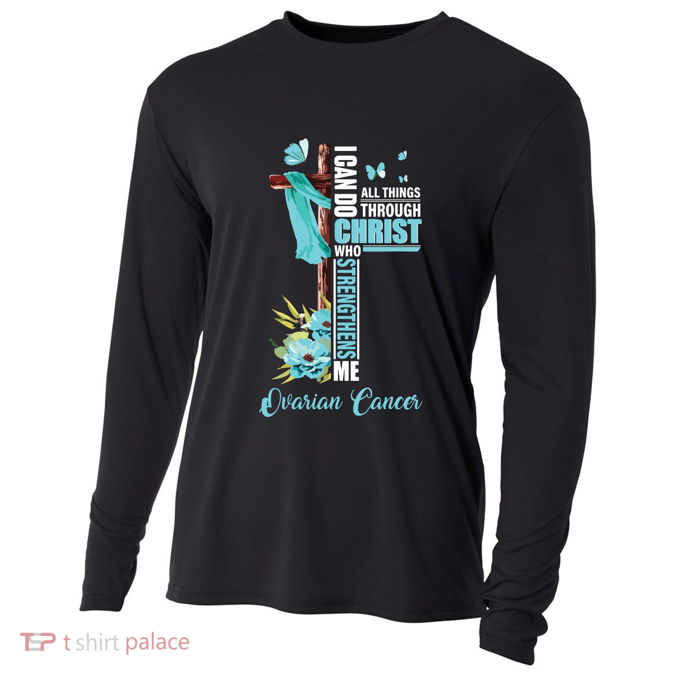 Christian Cross Teal Ribbon Survivor Fighter Ovarian Cancer Cooling Performance Long Sleeve Crew