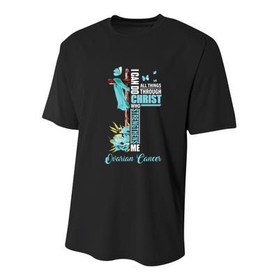 Christian Cross Teal Ribbon Survivor Fighter Ovarian Cancer Youth Performance Sprint T-Shirt