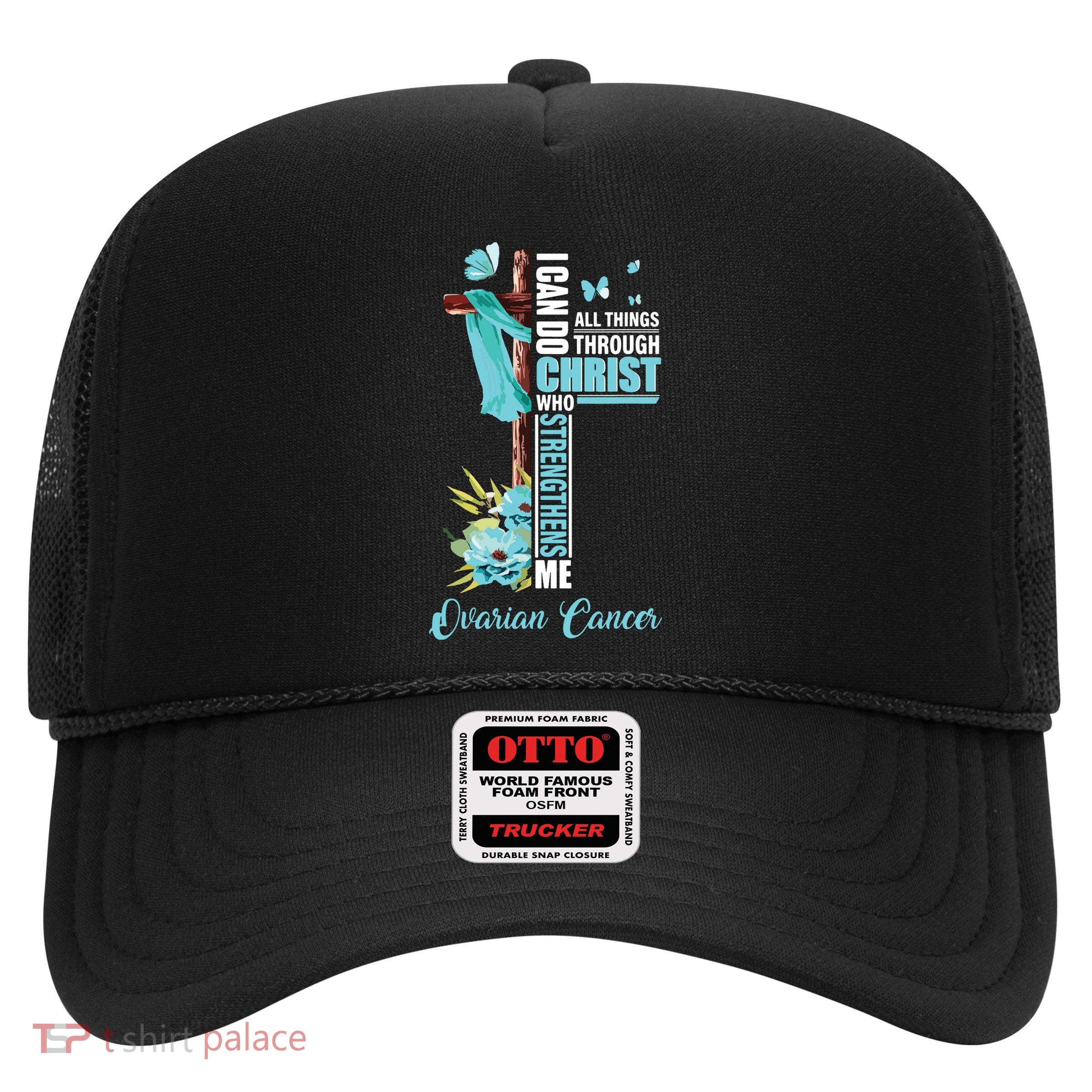 Christian Cross Teal Ribbon Survivor Fighter Ovarian Cancer Trucker Hat