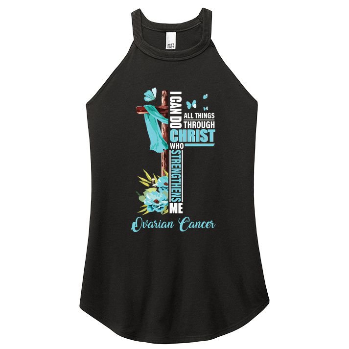 Christian Cross Teal Ribbon Survivor Fighter Ovarian Cancer Women's Perfect Tri Rocker Tank