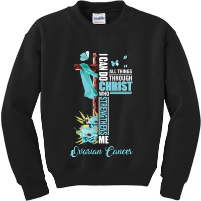 Christian Cross Teal Ribbon Survivor Fighter Ovarian Cancer Kids Sweatshirt