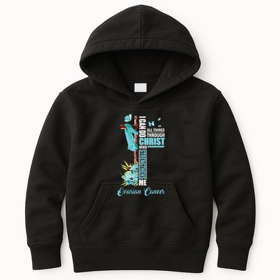 Christian Cross Teal Ribbon Survivor Fighter Ovarian Cancer Kids Hoodie
