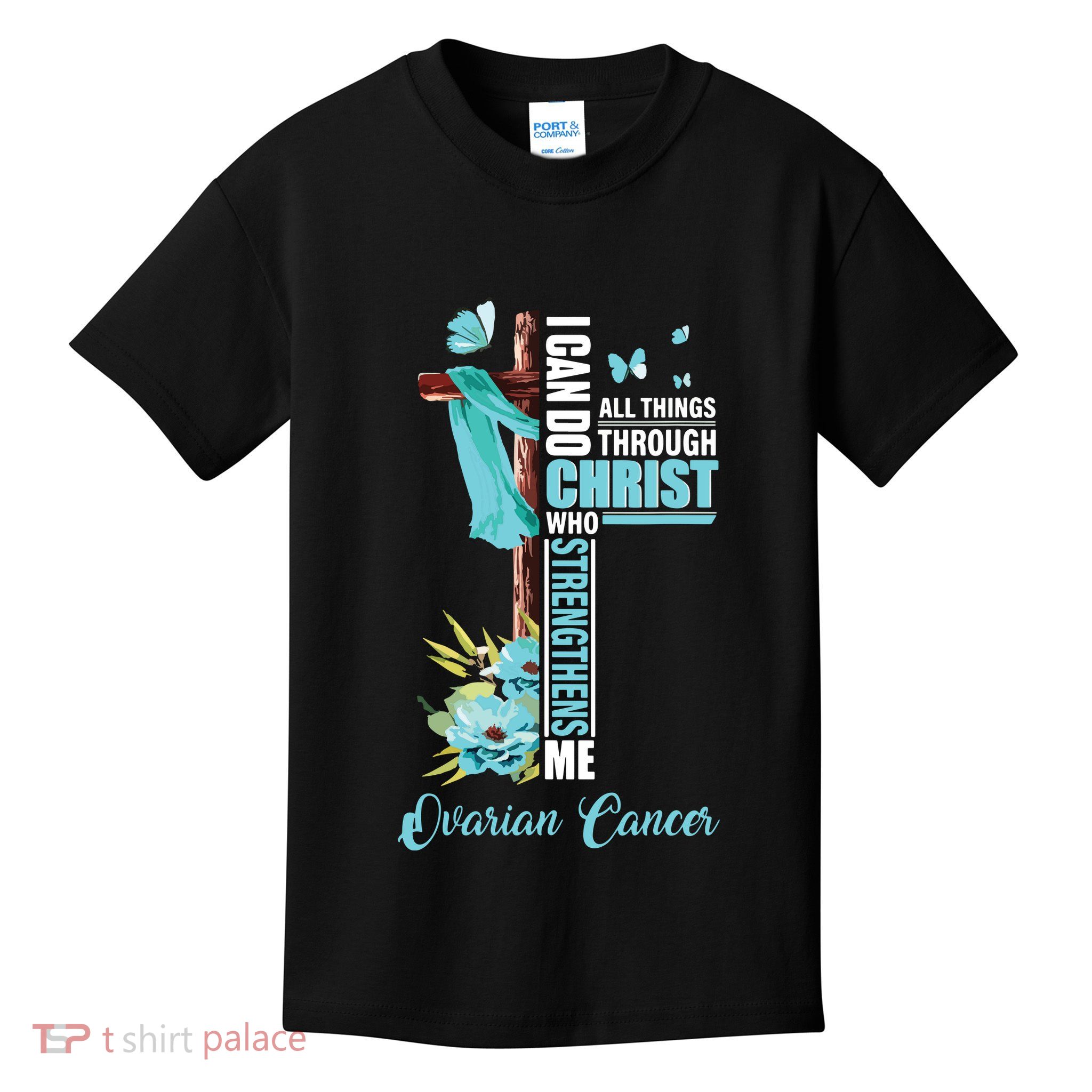 Christian Cross Teal Ribbon Survivor Fighter Ovarian Cancer Kids T-Shirt