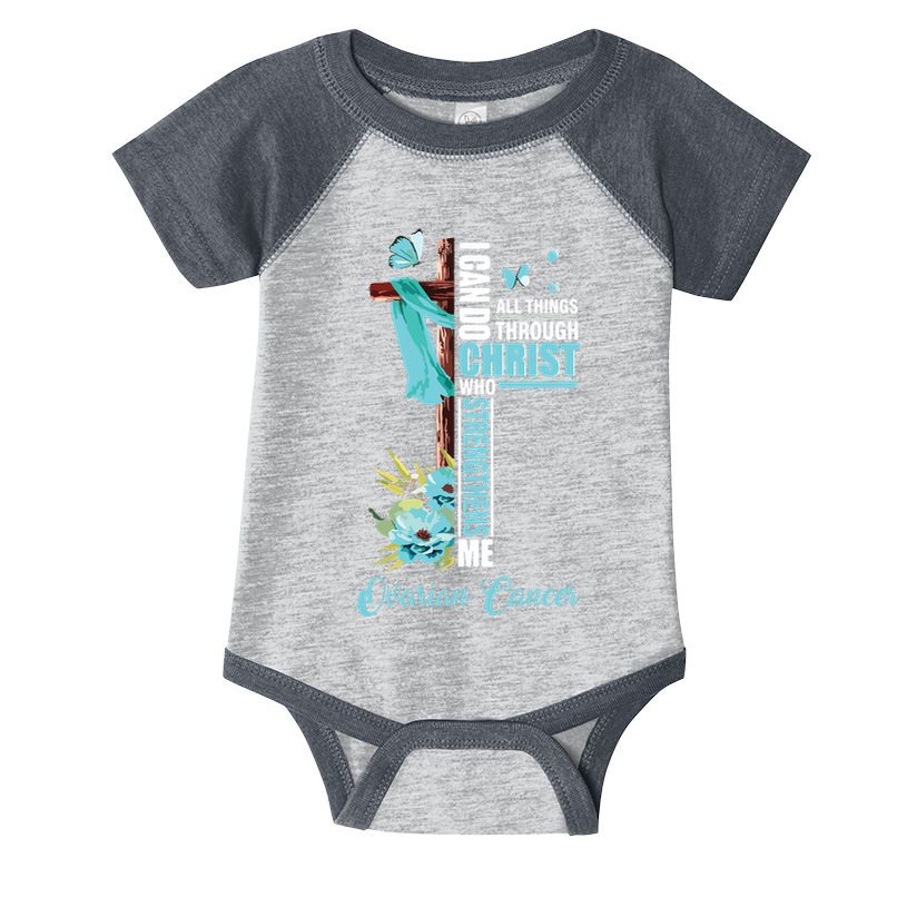 Christian Cross Teal Ribbon Survivor Fighter Ovarian Cancer Infant Baby Jersey Bodysuit