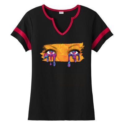 Crying Colorful Tears Sad Eyes Ladies Halftime Notch Neck Tee