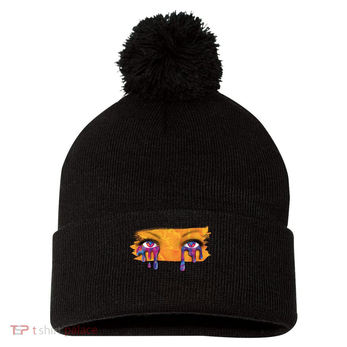 Crying Colorful Tears Sad Eyes Pom Pom 12in Knit Beanie