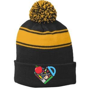 Cute Cool Teacher School Tools Heart Stripe Pom Pom Beanie