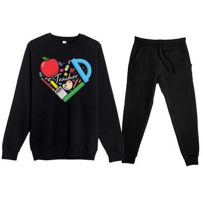 Cute Cool Teacher School Tools Heart Premium Crewneck Sweatsuit Set