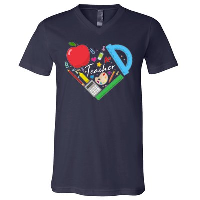 Cute Cool Teacher School Tools Heart V-Neck T-Shirt