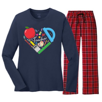 Cute Cool Teacher School Tools Heart Women's Long Sleeve Flannel Pajama Set 