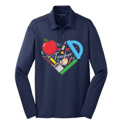 Cute Cool Teacher School Tools Heart Silk Touch Performance Long Sleeve Polo