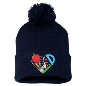 Cute Cool Teacher School Tools Heart Pom Pom 12in Knit Beanie