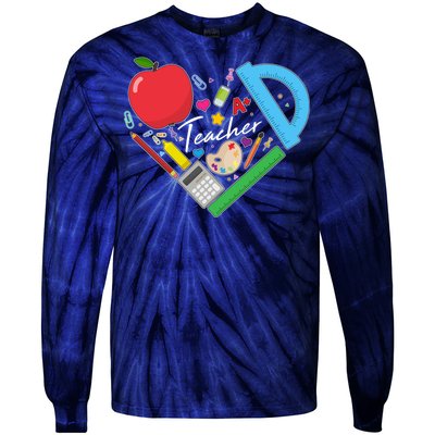 Cute Cool Teacher School Tools Heart Tie-Dye Long Sleeve Shirt