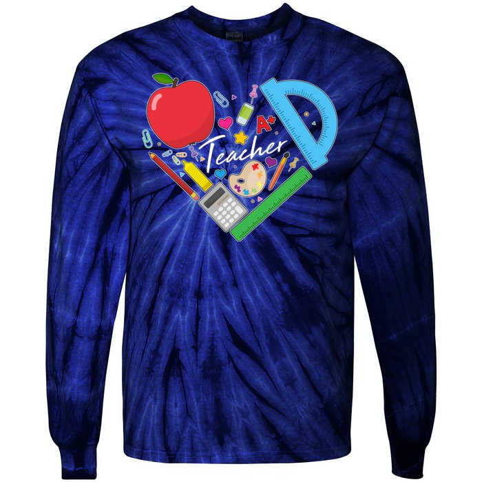 Cute Cool Teacher School Tools Heart Tie-Dye Long Sleeve Shirt