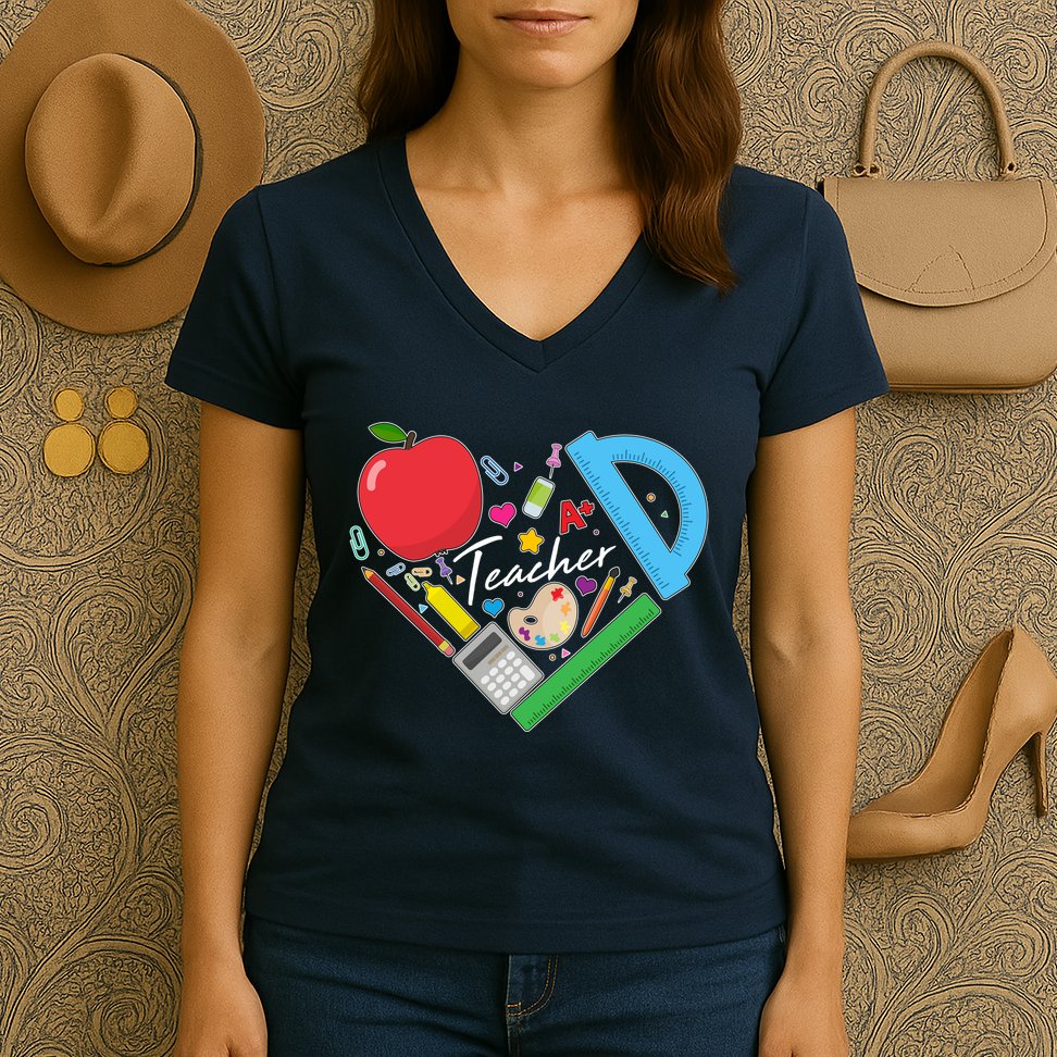 Cute Cool Teacher School Tools Heart Women's V-Neck T-Shirt