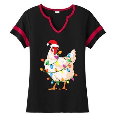 Chicken Christmas Tree With Santa Hat Farmer Funny Chicken Ladies Halftime Notch Neck Tee