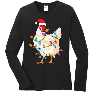 Chicken Christmas Tree With Santa Hat Farmer Funny Chicken Ladies Long Sleeve Shirt