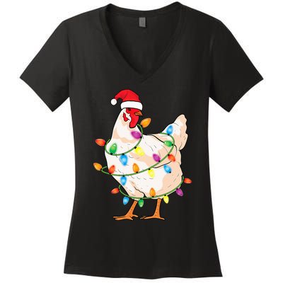 Chicken Christmas Tree With Santa Hat Farmer Funny Chicken Women's V-Neck T-Shirt