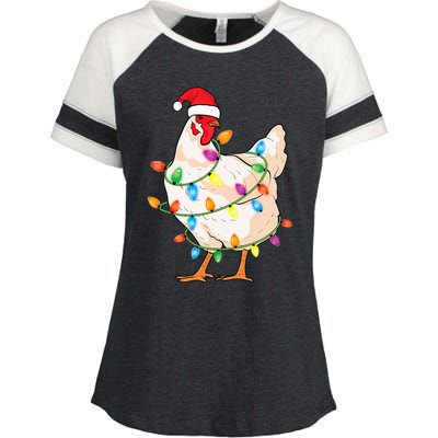 Chicken Christmas Tree With Santa Hat Farmer Funny Chicken Enza Ladies Jersey Colorblock Tee