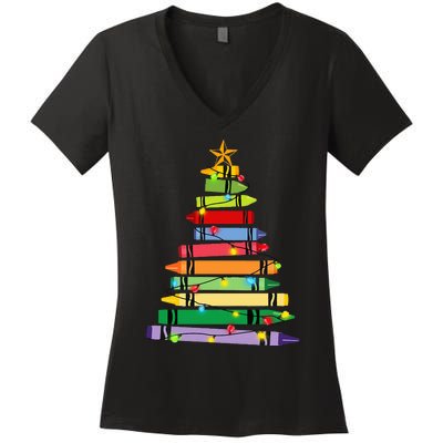 Christmas Crayon Tree Light Gifts for Teachers Women's V-Neck T-Shirt