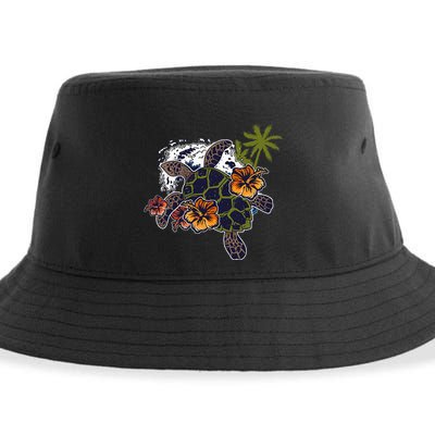 Colorful Cute Turtle Hawaiian Flowers Sea Turtle Floral Sustainable Bucket Hat