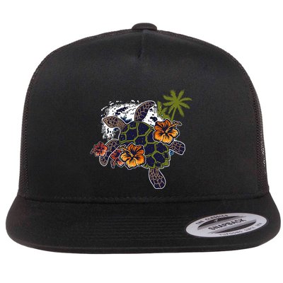 Colorful Cute Turtle Hawaiian Flowers Sea Turtle Floral Flatbill Hat