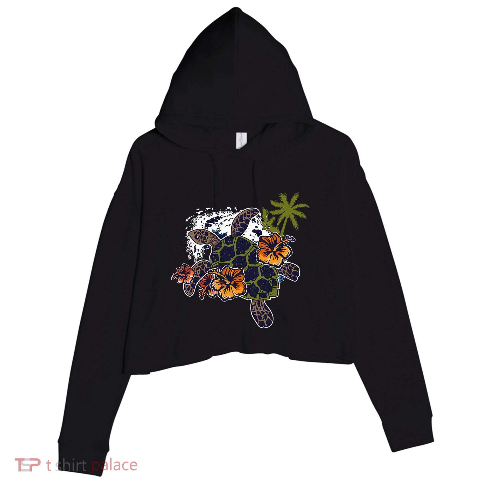 Colorful Cute Turtle Hawaiian Flowers Sea Turtle Floral Crop Fleece Hoodie